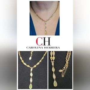 Carolina Herrera Gold Green Yellow MOP Abalone Crystals Chain Lariat Y Necklace